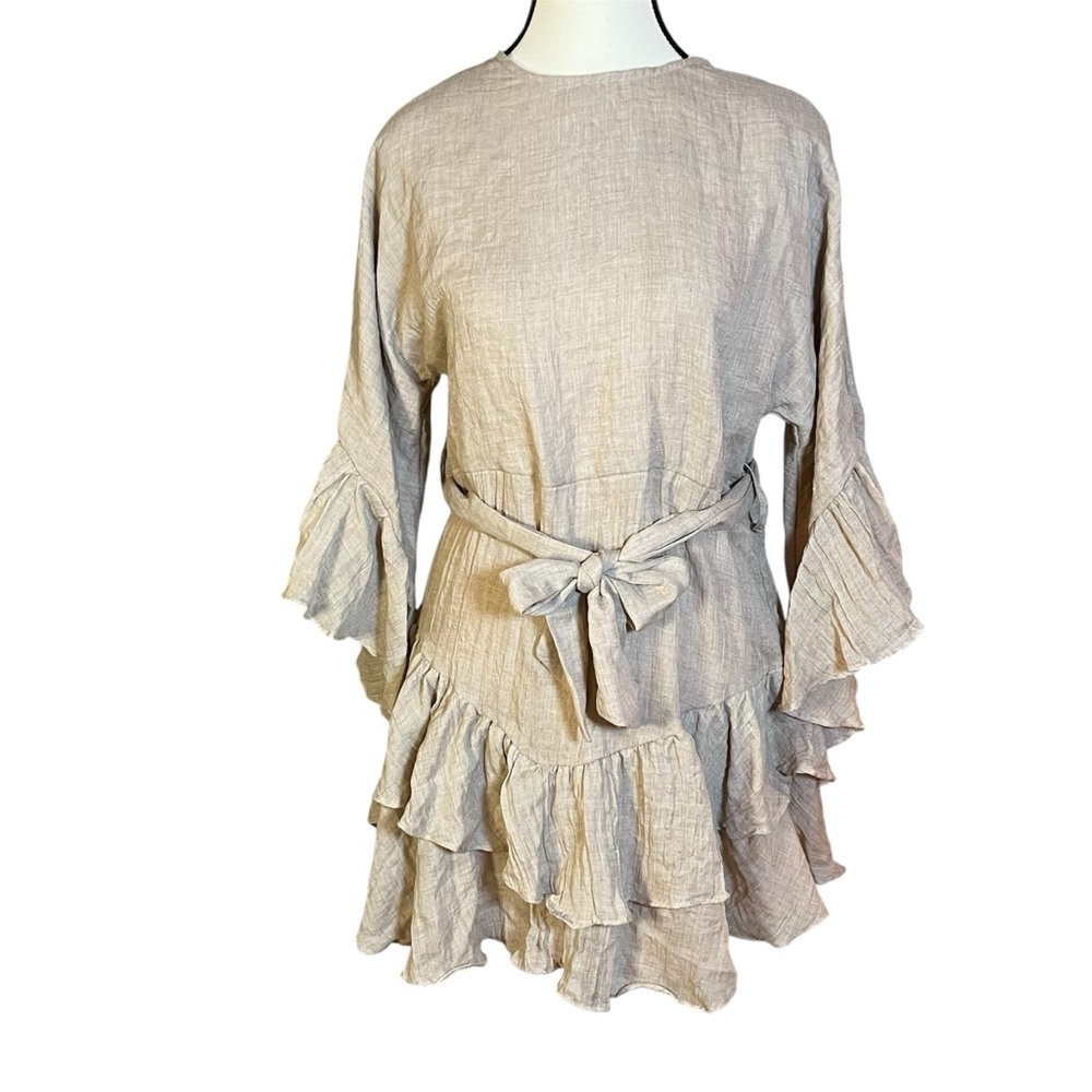 Princess Polly Antique Wish Ruffle Mini Dress Womens Sz 2 Boho Beige Gauzy Flowy